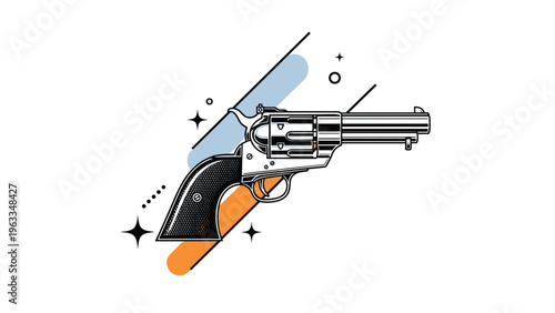 Artistic illustration of a classic revolver handgun with stylized abstract shapes and decorative elements in the background.