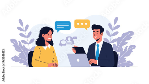 Professional job interview or business discussion between a man and a woman with speech bubbles and a laptop computer.