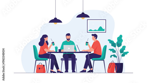 Group of colleagues having a casual business meeting or study session in a modern cafe with coffee and laptop computers.