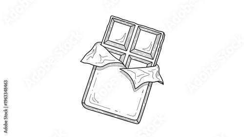 Detailed hand-drawn black and white sketch of an unwrapped chocolate bar showing individual squares and foil wrapper.