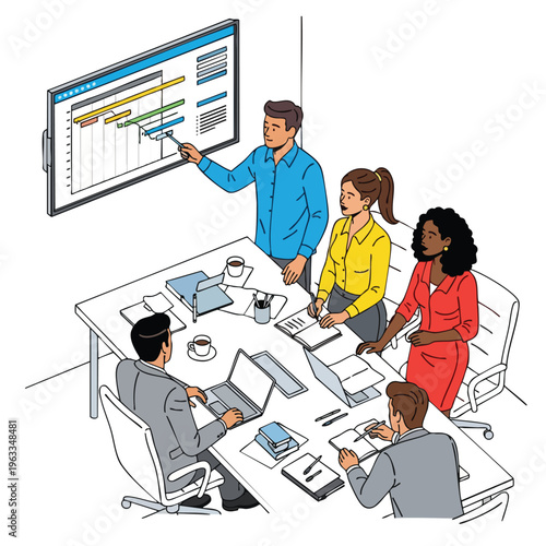 Diverse team collaborating around a table, presenting a Gantt chart on a large screen