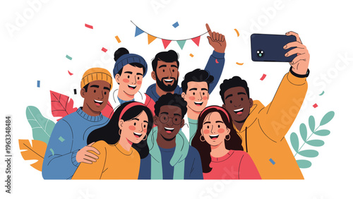 Group of happy and diverse friends taking a joyful selfie together at a party with colorful confetti and decorations.