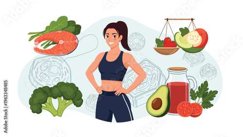 Healthy lifestyle concept with a fit woman surrounded by nutritious foods like salmon, broccoli, avocado, and juice.