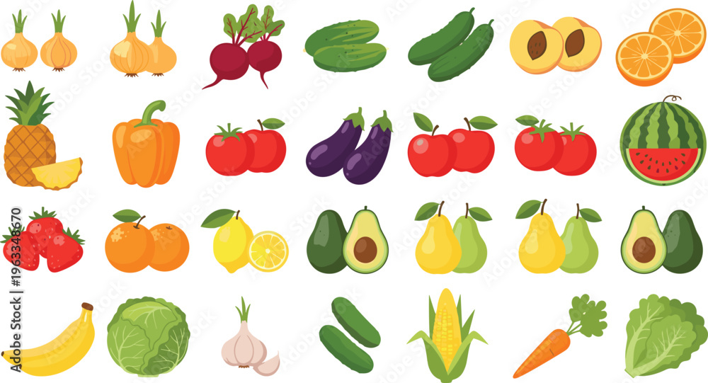 Obraz premium Fresh Fruits and Vegetables Vector Set Featuring Organic Farm Produce Including Tomato Cucumber Avocado Peach and Citrus for Healthy Food and Grocery Design