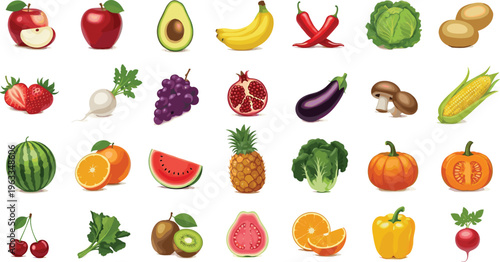 Fresh Fruits and Vegetables Vector Set Featuring Colorful Organic Produce Including Apple Avocado Banana Pumpkin and Citrus for Healthy Food Design Projects