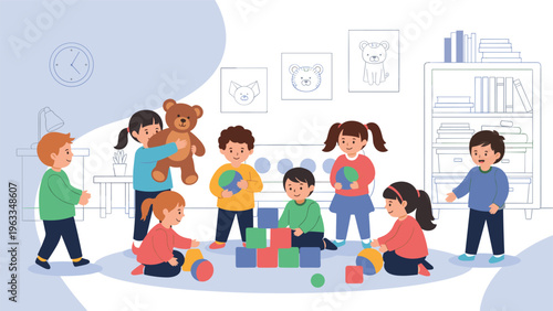 Diverse group of small children playing with blocks, balls, and a teddy bear in a bright daycare classroom or preschool environment.