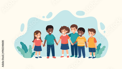 Diverse group of young children from different backgrounds standing in a row and holding hands to represent global unity and friendship.