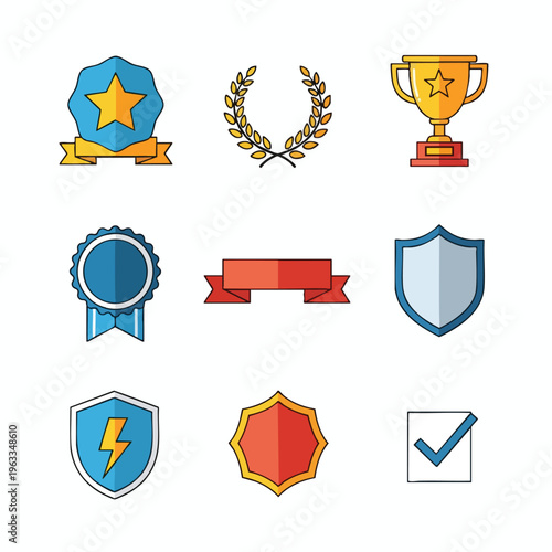A collection of nine flat design award and recognition icons