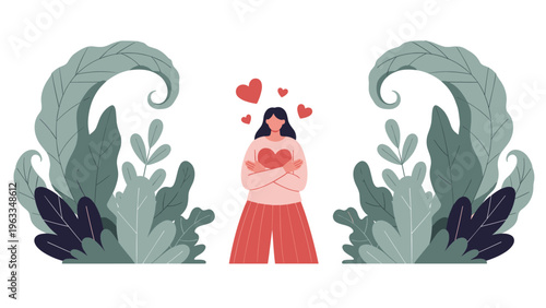 Woman standing alone and hugging herself with floating red hearts, illustrating the importance of self-love, mental health, and self-care.