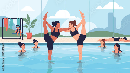 Two women performing synchronized water aerobics in a public swimming pool while other people swim and exercise in the background.