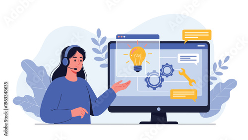 Professional female customer support agent wearing a headset and gesturing toward technical help symbols on a large computer monitor.