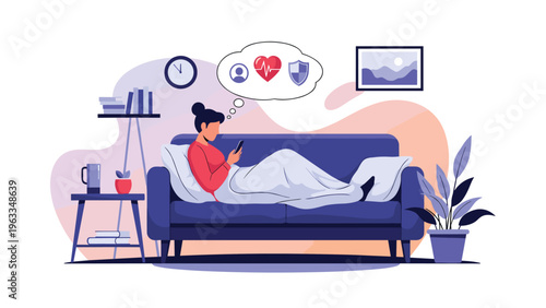 Young woman lying on a comfortable sofa and using her smartphone to access medical and security services while resting under a blanket.