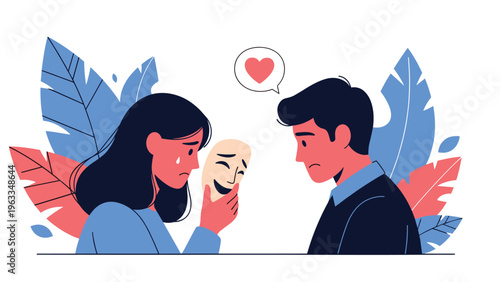 Sad woman holding a smiling theatrical mask while talking to a sad man, depicting the struggle of hiding true emotions in a relationship.