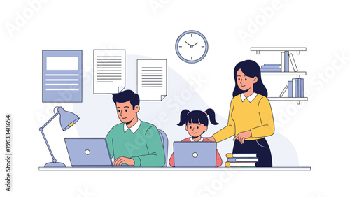 Family members working together at home with a father and daughter on laptops and a mother providing educational guidance at the desk.