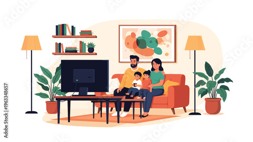 Happy family of four sitting together on an orange sofa and enjoying a movie on their large television in a warm and cozy living room.