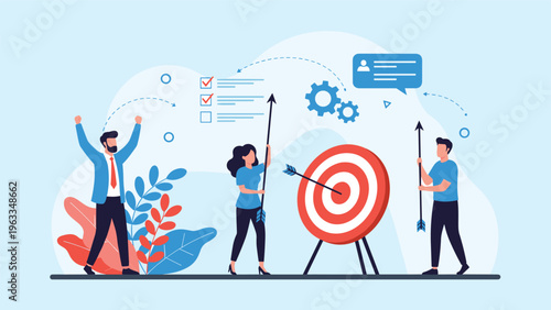 Dynamic business team working together to hit a giant target with arrows, symbolizing goal achievement, strategy, and collective success.