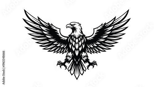 Striking black and white illustration of an eagle with its wings spread in a majestic pose, ideal for a logo or powerful brand symbol.