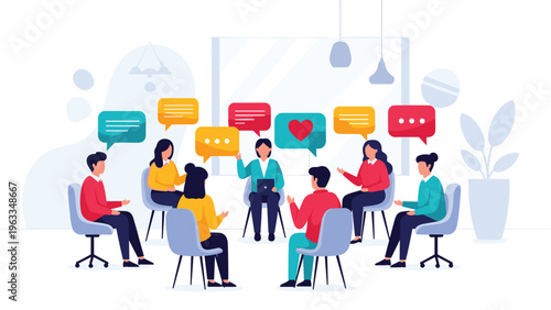 Group of people sitting in a circle during a therapy session or support group and sharing their feelings using colorful speech bubbles.