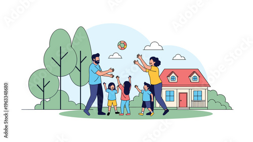 Happy family with three children playing football in their backyard on a sunny day with their house and green trees in the background.