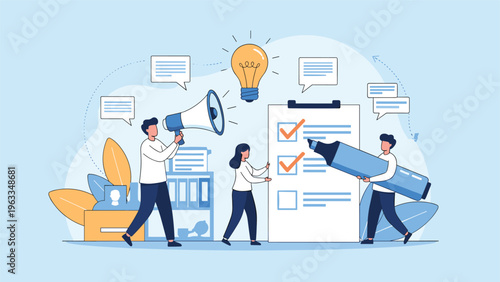 Business colleagues collaborating on a massive checklist with a giant marker and megaphone to ensure task completion and team efficiency.