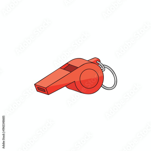 A bright red whistle with a keyring loop on a plain white background