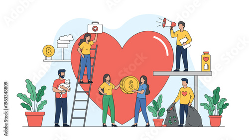 Diverse group of volunteers participate in various charity activities including money donation, medical aid, and cleaning the environment.