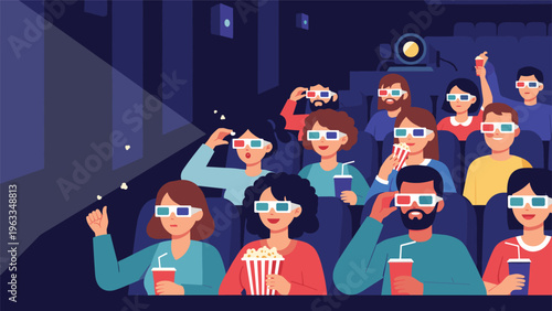 Large group of people wearing 3D glasses and holding popcorn and drinks while watching an exciting movie in a darkened cinema theater.