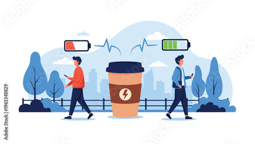 Two men walking past a giant coffee cup experience a significant energy boost as shown by battery level icons floating above their heads.