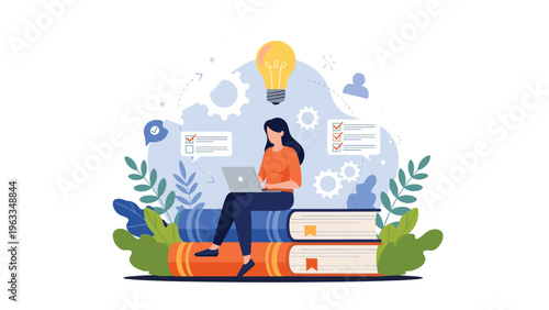 Academic woman sits on a stack of large books while working on her laptop surrounded by symbols of innovation and creative learning.