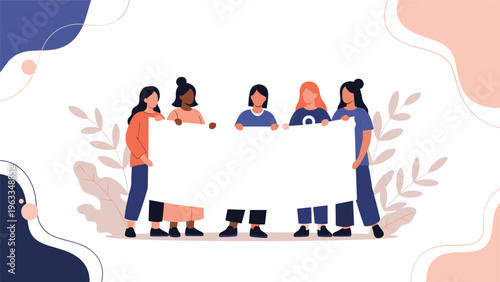 Group of diverse women stand together holding a large blank white banner for protest, important announcement, or collective advocacy.