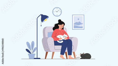 Young woman enjoys a relaxing moment at home sitting in a comfortable armchair surrounded by several adorable and playful pet cats.