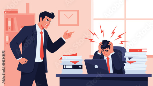 Furious manager yells at a stressed employee sitting at a desk covered in messy paperwork within a high pressure modern office environment.