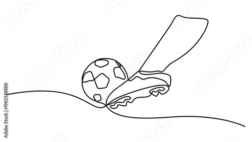 Leg kick ball in one continuous single line art drawing style. Single one line drawing football shoes and soccer ball. Football sport concept illustration