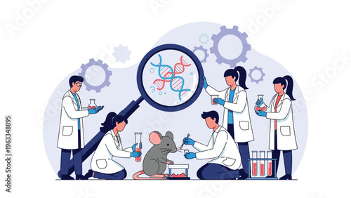 Scientific researchers in a modern laboratory conduct genetic experiments on a mouse with DNA visualizations shown under a magnifying lens.