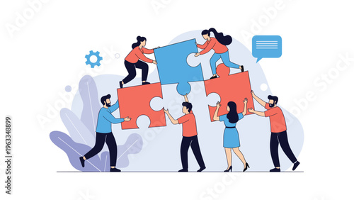 Team of motivated business people collaborates to assemble large colorful puzzle pieces representing effective problem solving skills.