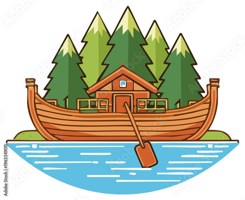 Viking longship with a cabin and trees on the water a rustic adventure scene