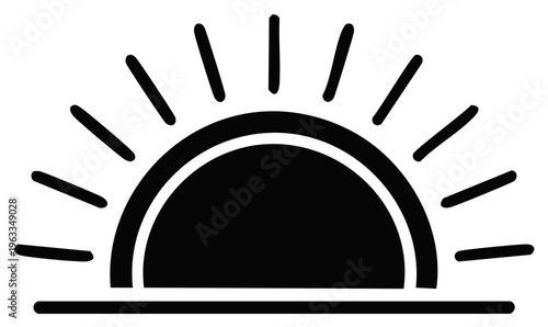 Minimalist Sun Icon with Radiant Rays Over Horizon Line Symbolizing Dawn or Dusk