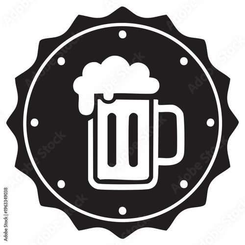 Craft Beer Mug Icon with Foam on Black Bottle Cap Frame Decorative Illustration