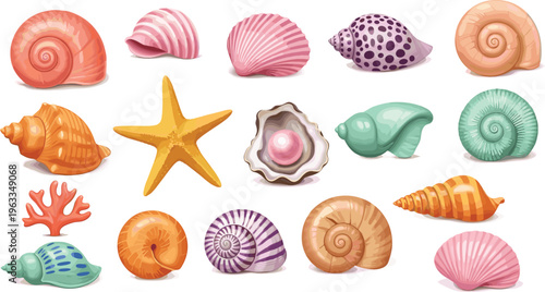 Seashell Vector Set Collection Featuring Colorful Ocean Shells Starfish Coral and Marine Elements for Beach Summer Design and Coastal Decoration Projects