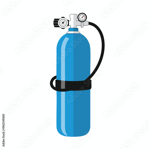 A blue scuba tank with regulators and pressure gauges