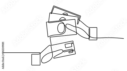 Continuous one line drawing of hand holding credit cards and Money. one line vector illustration with white background