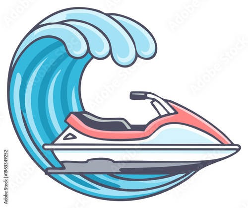 Stylized jet ski on a powerful blue ocean wave representing summer water sports and adventure