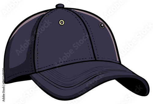 Illustration of a dark blue baseball cap with eyelets and brim