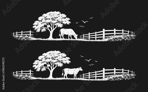 Black and white cow scenes grazing and standing set