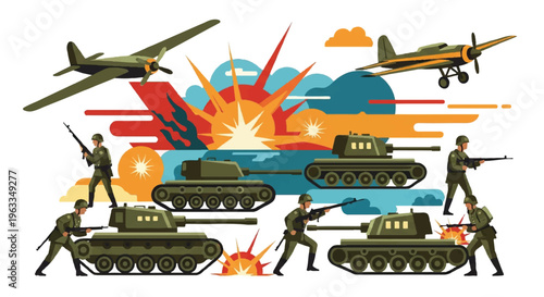 Military scene with tanks aircrafts and soldiers illustration