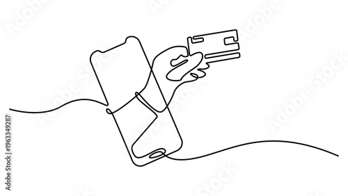 Continuous one line drawing mobile banking payment. Business activity concept in market. one line Icon drawing. Single line draw design vector graphic illustration