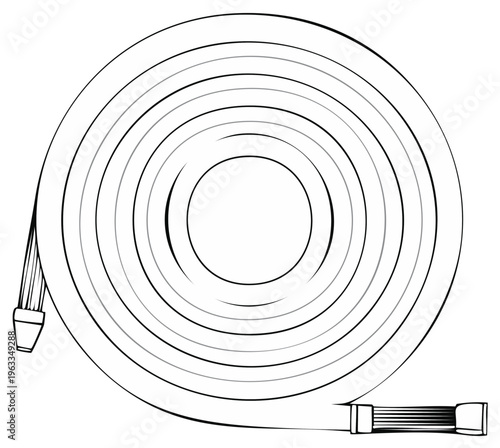 Coiled garden hose and nozzle illustration, circular shape, white background, simple line art