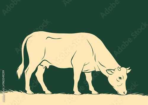 Close up grazing cow minimal flat illustration green background