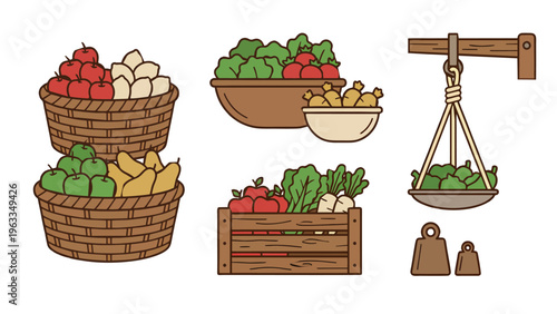 Set of Fresh Market Produce Vector, Flat Illustration of Fruits and Vegetables in Baskets and Wooden Crates with Vintage Weighing Scale for Grocery Design