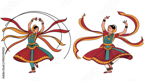 Set of Indian Classical Dancers in Traditional Attire, Flat Vector Illustration of Women Performing Kathak Dance with Dynamic Fabric Motion and Ribbons